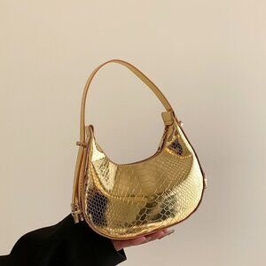 Gold Elegant Women's Metallic Embossed Hobo Bag Solid Color Shoulder Bag